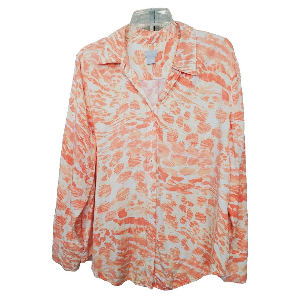 Chico's Modal Sandwashed Satin Orange Abstract Long Sleeve Button-Up Top 3 (XL)